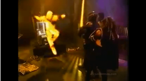 The antagonist, in the process of laser disintegration at the hands of BibleMan